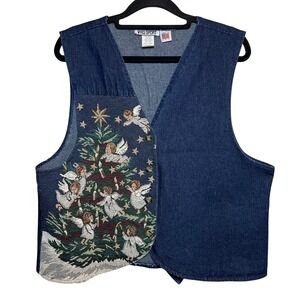 Vintage Christmas Tree Denim Vest Size Large Holiday Tapestry Angel Cherubs Star